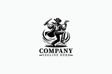 Naklejka premium Minimalist Cowboy Character Vector Logo – Black Silhouette of Lone Western Cowboy with Hat and Boots, Simple Bold 2D Wild West Illustration for Branding, Mascot Design, Rodeo Graphics, and Western Art