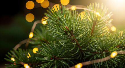 Festive pine branch adorned with twinkling lights, creating a magical atmosphere