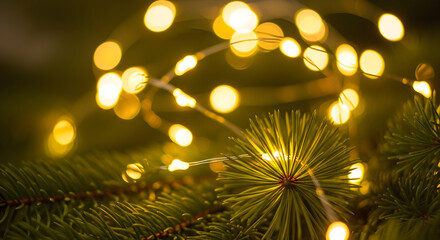 Festive Pine Branch Illuminated by Golden Fairy Lights for Holiday Season