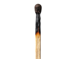 Old burnt matchstick isolated on transparent background, charred wooden stick PNG