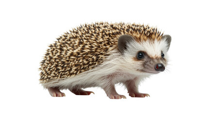 Fototapeta premium Hedgehog standing on surface showing sharp spines and small brown body with natural wildlife detail isolated on white background