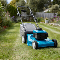 Obraz premium Blue lawn mower on freshly cut grass in a garden setting.
