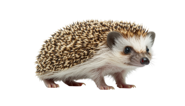 Hedgehog standing on surface showing sharp spines and small brown body with natural wildlife detail isolated on white background