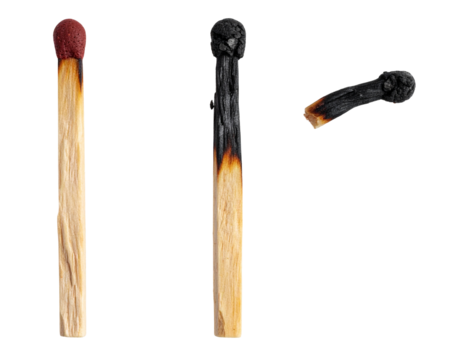 Old burnt matchstick isolated on transparent background, charred wooden stick PNG