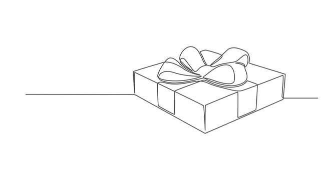 Animation continuous one line drawing of Holiday gift box icon. Surprise symbol in single outline style, drawing of gift box with ribbon bow. Vector minimalism design, Full length one line animation.