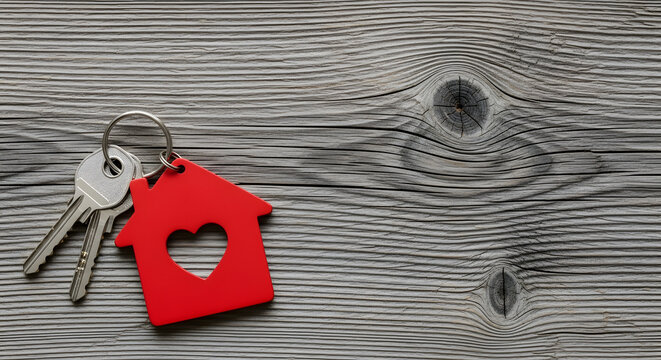 New house keys with a red house-shaped keyring on a grey wooden background.