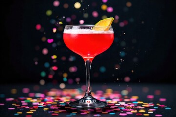 Confetti and Cocktail Glass A sophisticated cocktail glass filled with a colorful drink, surrounded by a flurry of vibrant, falling confetti. Soft, blurred background with festive lights.