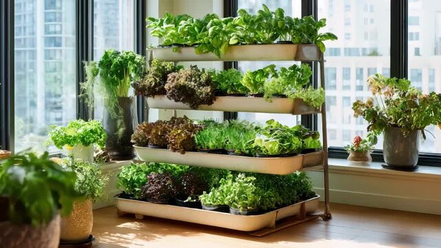 Medium shot capturing a mediumsized vertical garden setup highlighting vibrant leafy greens and flowering plants organized in multilevel containers near a bright window.