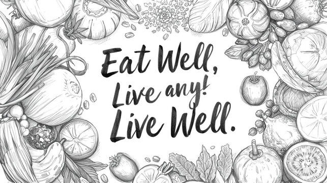 Eat well live any live well hand drawn illustration with fresh vegetables and herbs - Powered by Adobe