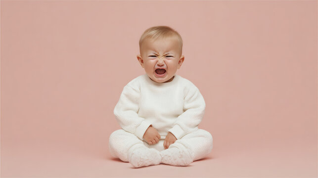 Crying Baby Sitting on Pink Background Wearing White Outfit