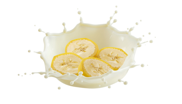 Yogurt splash with banana slices captured in mid air showing creamy texture and fresh fruit motion isolated on white background