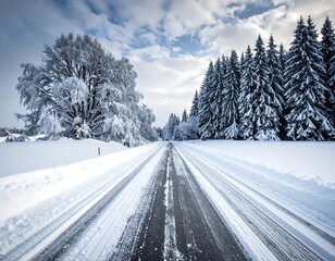 Obraz premium A snowy road curves through a winter landscape, flanked by trees