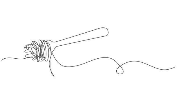 Abstract fork with spaghetti, pasta, Self drawing animation one continuous line draw, logo, shop or food delivery service. Full length one line animation. 4K,  Italy pasta noodle restaurant concept.