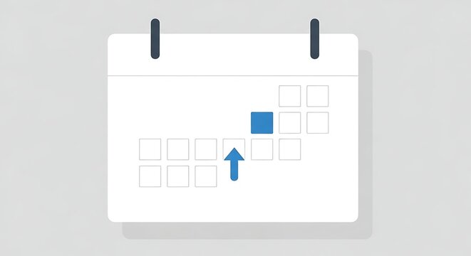 Calendar page with a blue square and an upward arrow, representing planning and progress.