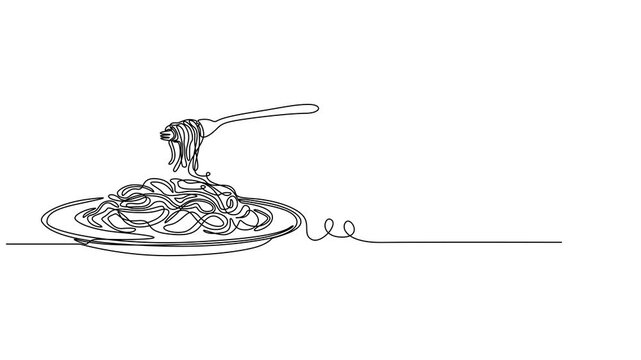 Abstract fork with spaghetti, pasta, Self drawing animation one continuous line draw, logo, shop or food delivery service. Full length one line animation. 4K,  Italy pasta noodle restaurant concept.