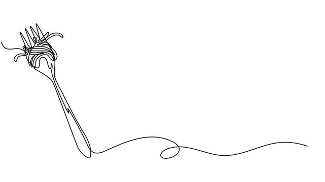 Abstract fork with spaghetti, pasta, Self drawing animation one continuous line draw, logo, shop or food delivery service. Full length one line animation. 4K,  Italy pasta noodle restaurant concept.