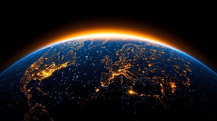 Fototapeta premium This image features a detailed digital rendering of the Earth at night, showcasing illuminated cities and a glowing atmosphere against a black backdrop, enhancing the planet's curvature.