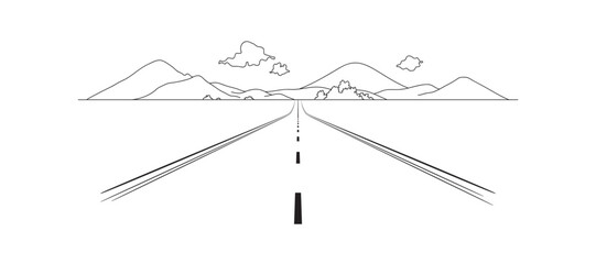 A black line drawing of a long, straight road stretching to the horizon, flanked by lush green fields and towering hills in the distance. A clear blue sky and scattered bushes. © Eakglory