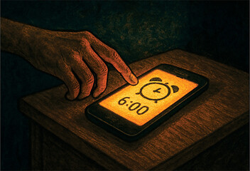 A hand reaching to turn off a brightly glowing phone alarm on a wooden nightstand, symbolizing a digital detox, moody, textured illustration.