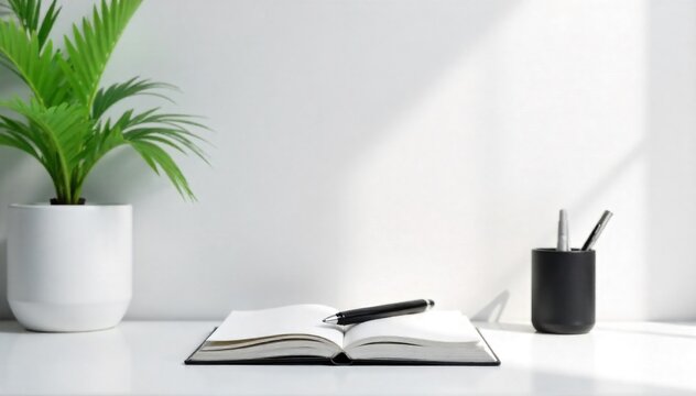 Elegant minimalist office desk setup with high end stationery and a sophisticated plant, bathed in natural light. A minimalist and elegant office desk setup. Include a high quality notebook, a sleek