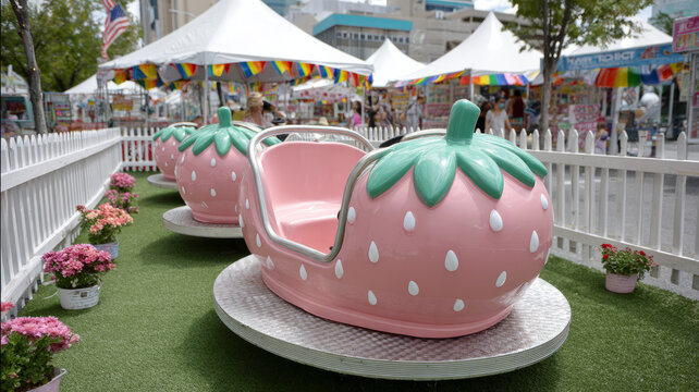 Strawberry-themed ride at a colorful outdoor festival. - Powered by Adobe