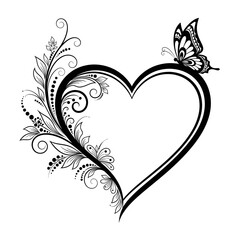 Illustration of decorative heart shape with floral elements and a butterfly, symbolizing love and beauty, isolated on white background