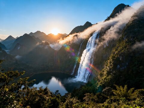 Sunrise over a majestic waterfall cascading into a serene lake surrounded by misty mountains