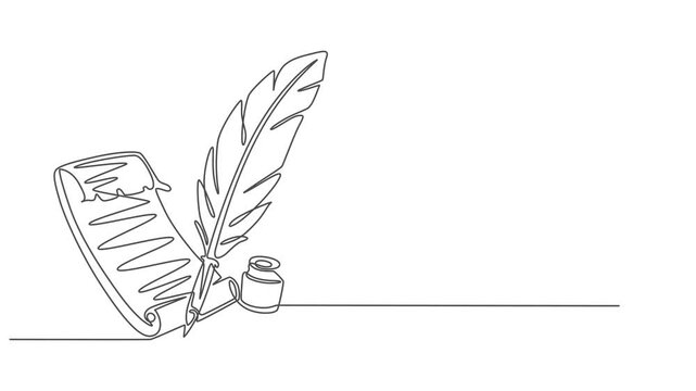 Animated self Continuous one line drawing of Scroll with inkwell and feather. Minimalist art conveying vintage writing and history. Video clip with alpha channel, Full length one line animation. 4K. 