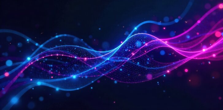 Macro shot of a holographic, futuristic coupon barcode with glowing lines. Extreme macro photography of a holographic, iridescent barcode pattern. Glowing neon blue and magenta lines form a complex,