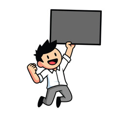 Excited cartoon man with spiky hair jumping joyfully while holding a blank sign.