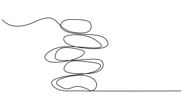 Self drawing simple animation of stacked stones. Animated continuous one line drawing, Pebble stones, one line drawing animation. Video clip with alpha channel, Full length one line animation. 4K.