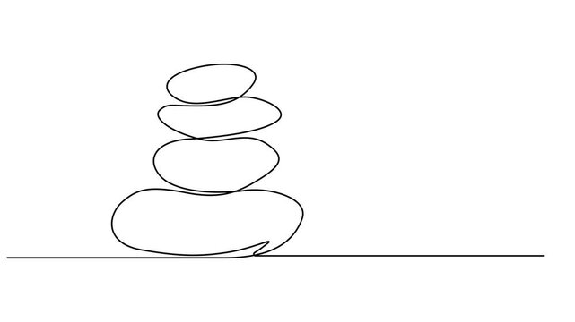 Self drawing simple animation of stacked stones. Animated continuous one line drawing, Pebble stones, one line drawing animation. Video clip with alpha channel, Full length one line animation. 4K.