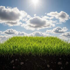 Fototapeta premium Vibrant green grass mound under a bright sunny sky with fluffy clouds