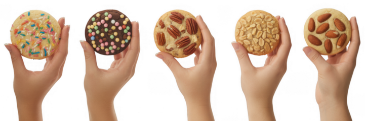 Assorted cookies held by hands isolated on a transparent background