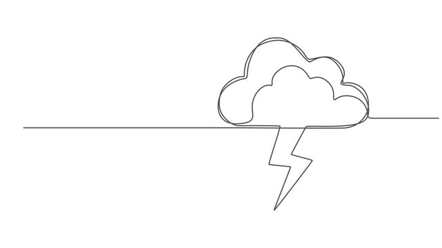 Self drawing animation of single continuous line draw flashing thunderbolt with heavy cloud in the sky. Motion design. Animated technology logo. Video, Minimalism one line draw. Full length animated.