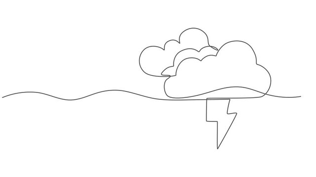 Self drawing animation of single continuous line draw flashing thunderbolt with heavy cloud in the sky. Motion design. Animated technology logo. Video, Minimalism one line draw. Full length animated.