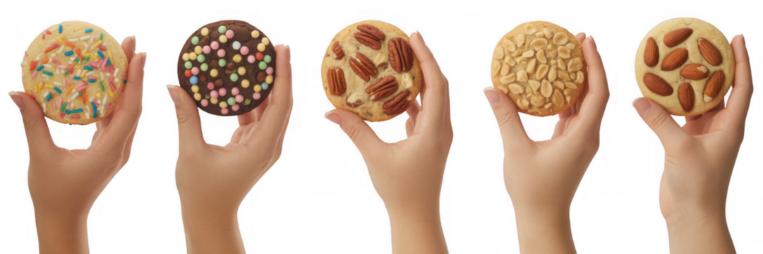 Assorted cookies held by hands isolated on a transparent background - Powered by Adobe