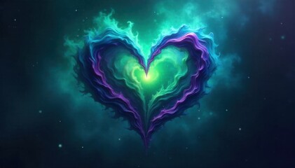 Radiant Heart Aurora A luminous heart shape composed of swirling, vibrant colors reminiscent of the aurora borealis. Shades of emerald green, sapphire blue, and amethyst purple blend and shimmer