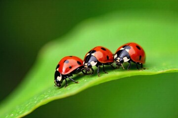 Fototapeta premium Whimsical Sunflower Ladybug Trio on a Dewy Leaf A macro photograph of three adorable ladybugs with vibrant sunflower patterns on their shells. They are perched on a large, dewy green leaf. The