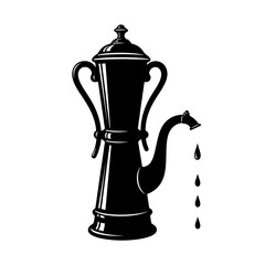 Illustration of a stylized black silhouette of an antique coffee pot with a spout from which drops are falling, isolated on white