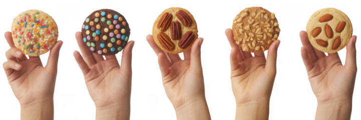 Hands holding assorted cookies isolated on a transparent background