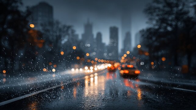 Vibrant rainy city street at night with blurred neon lights wet pavement reflections umbrellas soft silhouettes passing traffic and distant skyscrapers creating a moody modern urban atmosphere