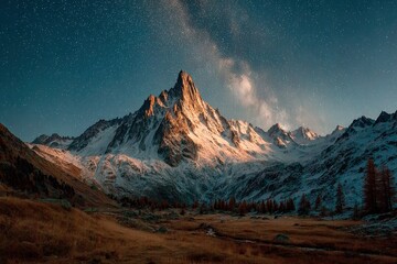 Majestic mountain peak under a starry night sky