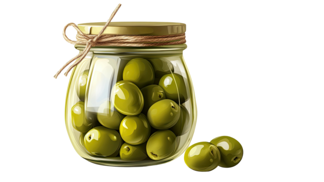 Glass jar with green olives showing preserved Mediterranean food with brine texture and organic ingredient detail isolated on white background