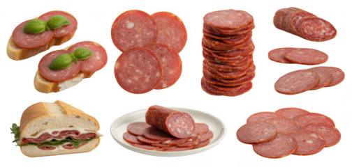 Sliced cured meats and sandwiches isolated on a transparent background