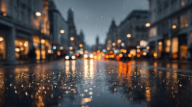 Vibrant rainy city street at night with blurred neon lights wet pavement reflections umbrellas soft silhouettes passing traffic and distant skyscrapers creating a moody modern urban atmosphere - Powered by Adobe