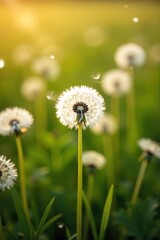 Whimsical Seed Flight A field of dandelions with many seeds blowing away in the wind. Shallow depth of field, soft golden hour light. Delicate dandelion