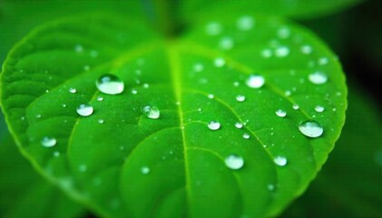 Water droplets suspended on a green leaf after rain Extreme macro shot of a lush, vibrant green leaf covered in numerous perfectly spherical, translucent water droplets. The droplets reflect the