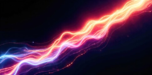 Overhead view of a flowing river of light streams on a black background, representing data transfer. An overhead, abstract view of luminous, fast moving streams of light flowing like a river across a