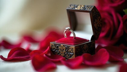 Wedding Ring Box and Petals on Velvet A top down, close up view of an open, ornate wedding ring box made of dark wood, lined with satin, sitting on a deep crimson velvet cushion. Scattered around the